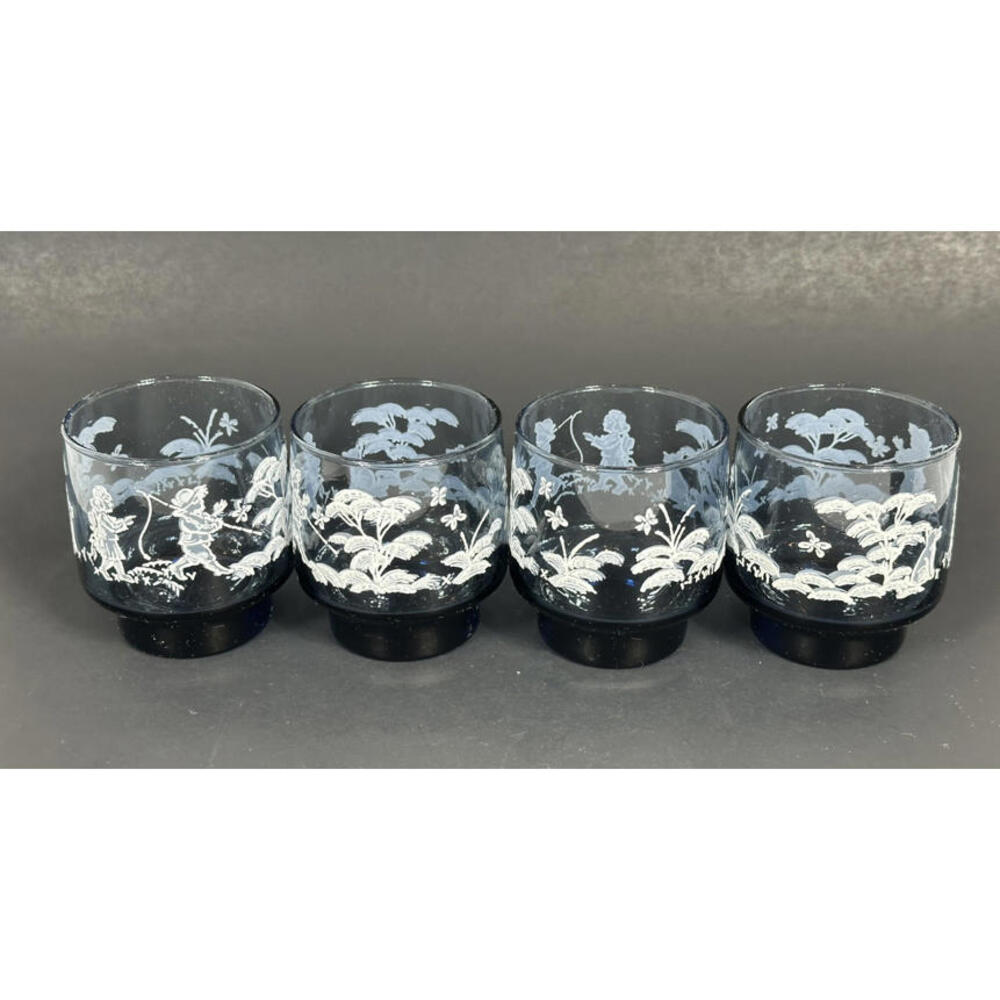 Vintage Set of 4 Libby Mary Gregory Smoke Blue Lowball Glasses Children Fishing